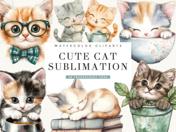 Download Waterolor Cute Cat Clipart Bundle - Cute cat clipart Collection