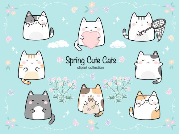 Download HELLO SPRING Cute Cat Clipart Set - Cute cat clipart Collection